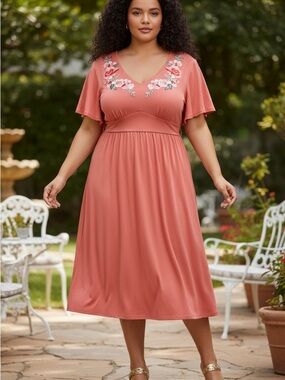 Rosegal Terra Cotta V-Neck Midi Dress with Floral Embroidery